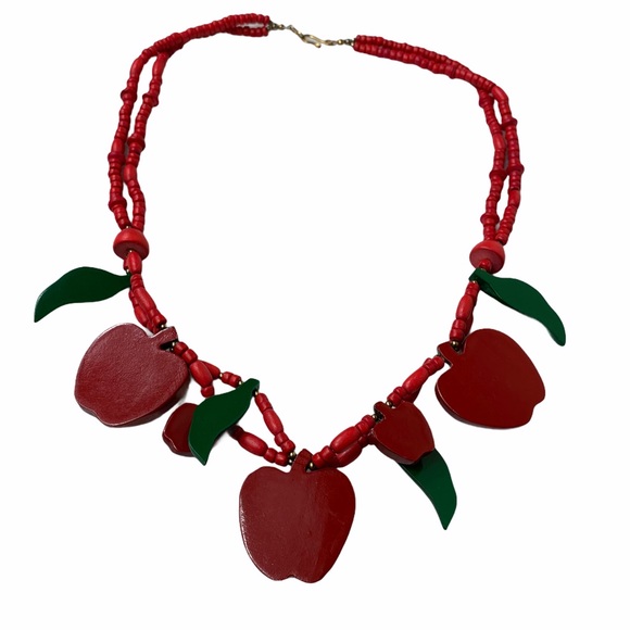 Vintage Wooden Painted Red Apples Kitschy Necklace - Picture 4 of 5